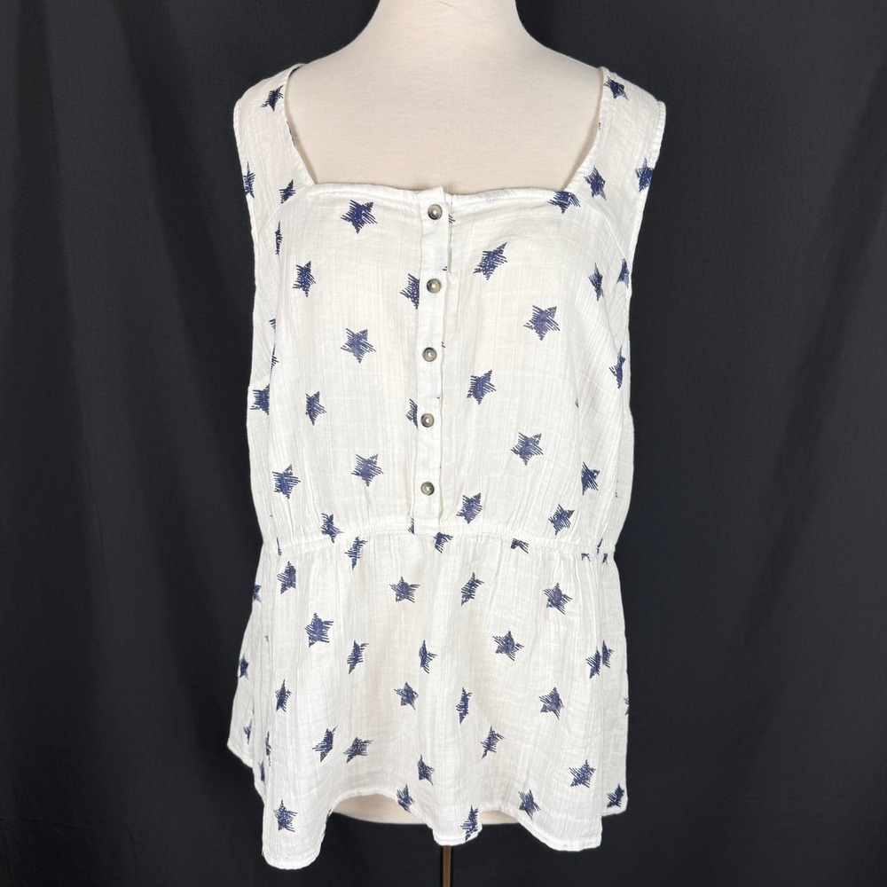Lane Bryant White Cotton Embroidered Navy Stars Square Neck Sleeveless Top 18